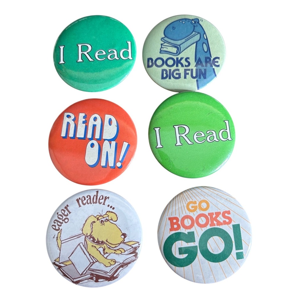 Rare 70s Freline Pinback vintage Buttons Multicolor Metal brooch Reading Library